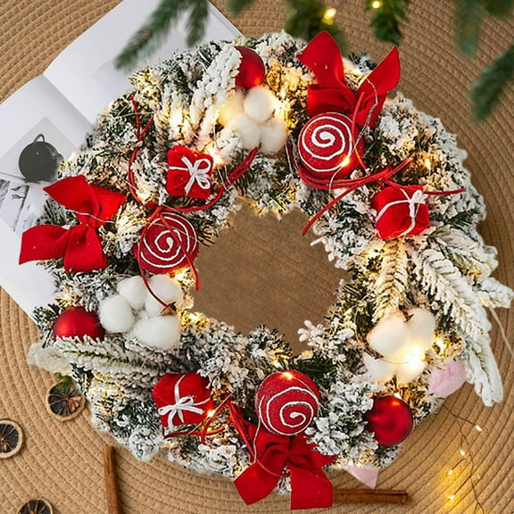 11.8'' Pre-Lit Christmas Wreath for Front Door with Lights, Large Lighted Outdoor Christmas Wreath with Pink Gold Xmas Balls & Bow for Home Porch Fireplace Window Holiday Wall Decor(Red)