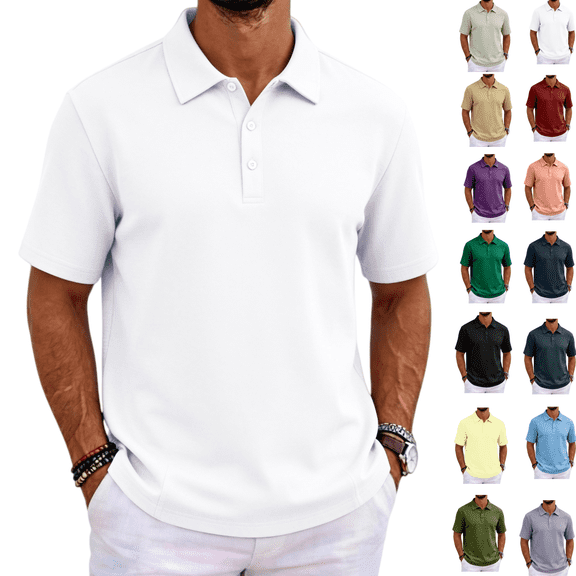 Polo Shirts for Men Fashion Cotton Pique Short Sleeve T-Shirt Summer Casual Business Classic Fit Button Up Collared Tees White L