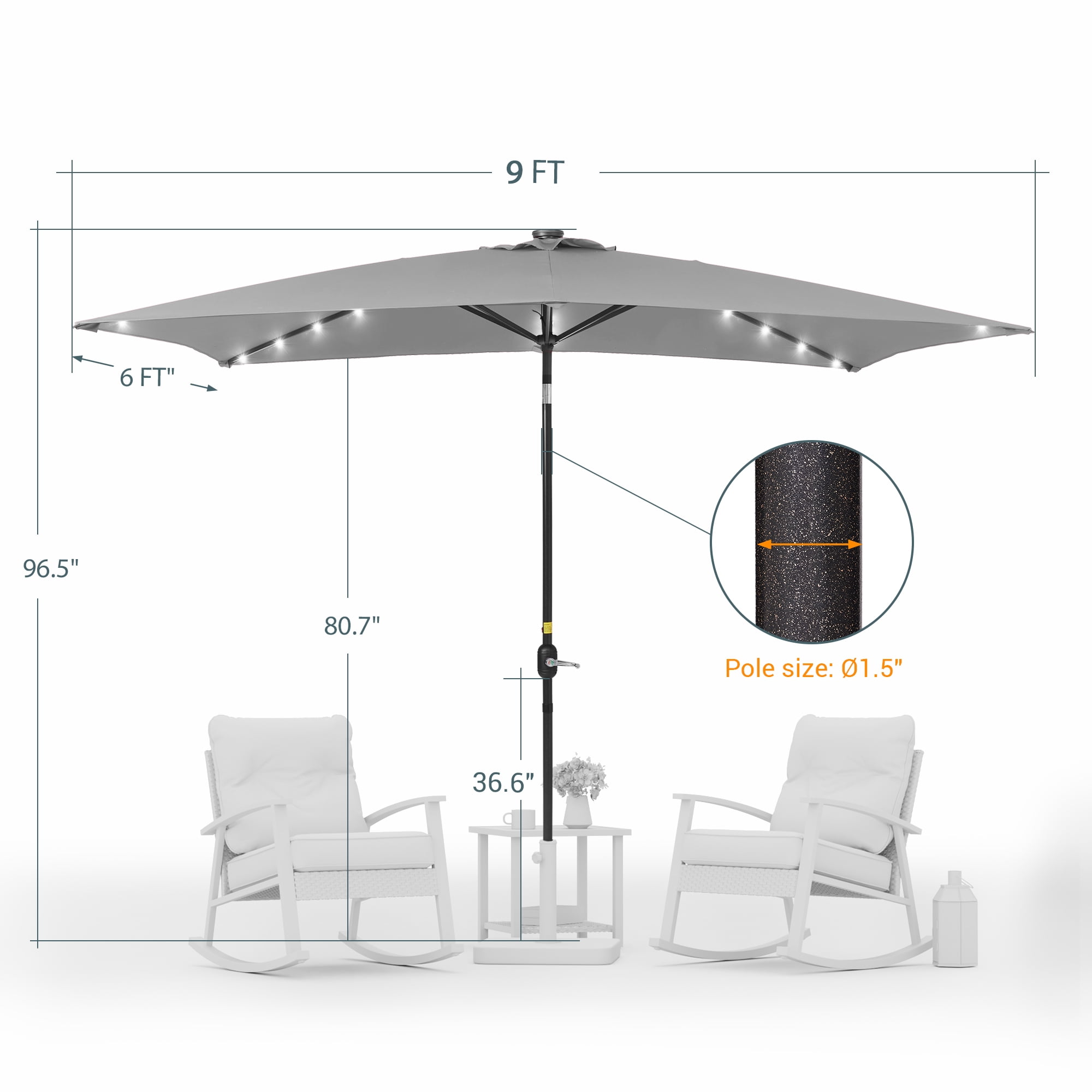 ACEGOSES LED Outdoor Patio 6x9ft Deck Solar Light Market Umbrella, Outside Table Umbrellas With Polyester canopy,Gray