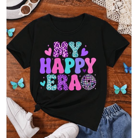 Women's MY HAPPY ERA Graphic T-Shirt, Colorful Bubble Letter Print Short Sleeve Tee, Cute Casual Crew Neck Top, Soft Lightweight Summer Shirt
