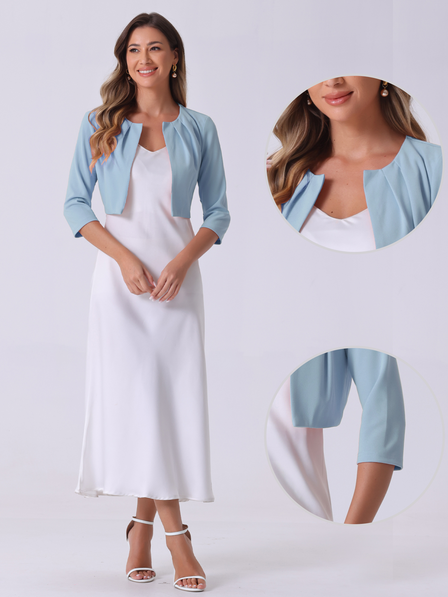 DARING DIVA Women's 3/4 Sleeve Shrug Top Collarless Pleated Open Front Cropped Cardigan XL Light Blue