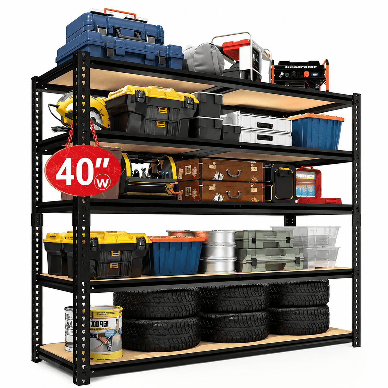 ZEUKMXOO 40"W Garage Shelving Unit, 5 Tier Heavy Duty Black Storage Shelves,Industrial Adjustable Shelves for Basment Warehouse Pantry Closet