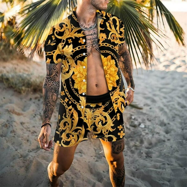 Conjuntos de hombre 2022 camisa informal de manga corta con solapa de retales estampada pantalones cortos de playa ropa de calle de verano trajes hawaianos para vacaciones S 3XL para hombre Tan Jianju...