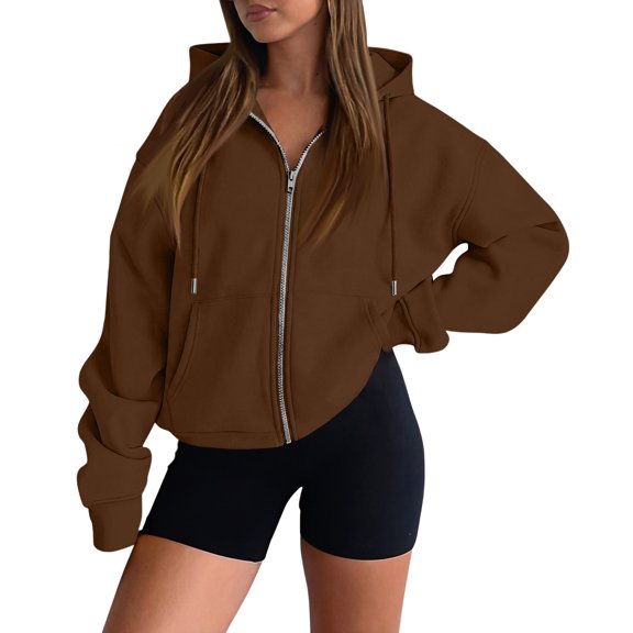 Women's Zip Up Hoodie Drawstring Kangaroo Pocket Sweatshirt Dropped Shoulder Loose Fit Casual Jacket Brown 2XL