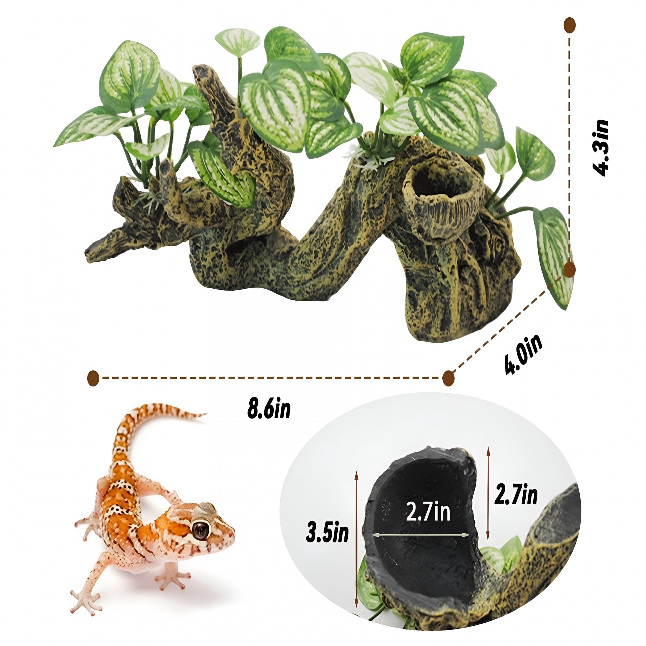 XIBUFE 2026 New Resin Branch for Reptile Tank,Crested Gecko Climbing Branches with Hideout Cave Bearded Dragon Tank Accessories Lizard Terrarium Habitat Plant Decorations for Snake Gecko Spider Frog