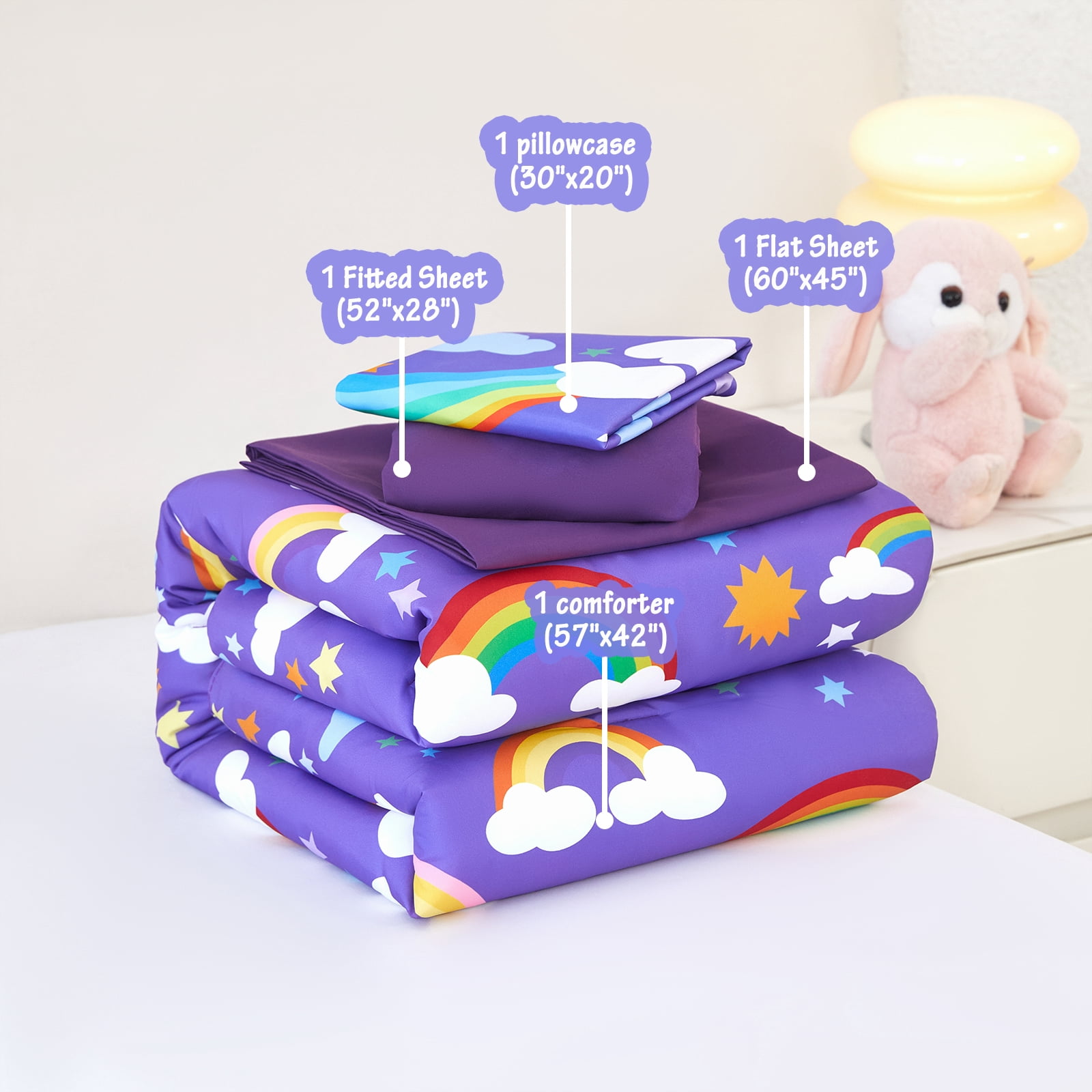 ZRNBAST 4 Piece Toddler Comforter Set for Girls, Soft Colorful Rainbow Clouds Printed Bedding Set, Purple