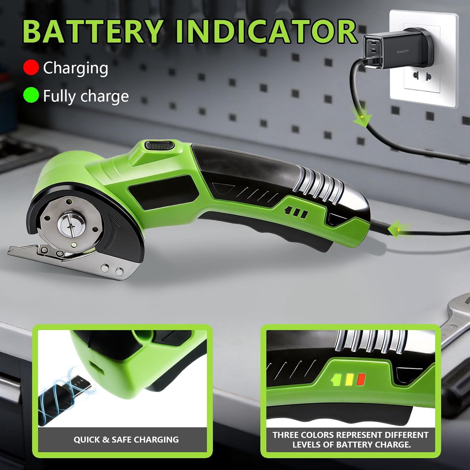 Cordless Electric Scissors, 4V Rechargeable Rotary Cardboard Cutter, with Safety Lock & LED Light, 2 Blades, Electric Box Cutter for Cardboard Fabric Leather Carpet