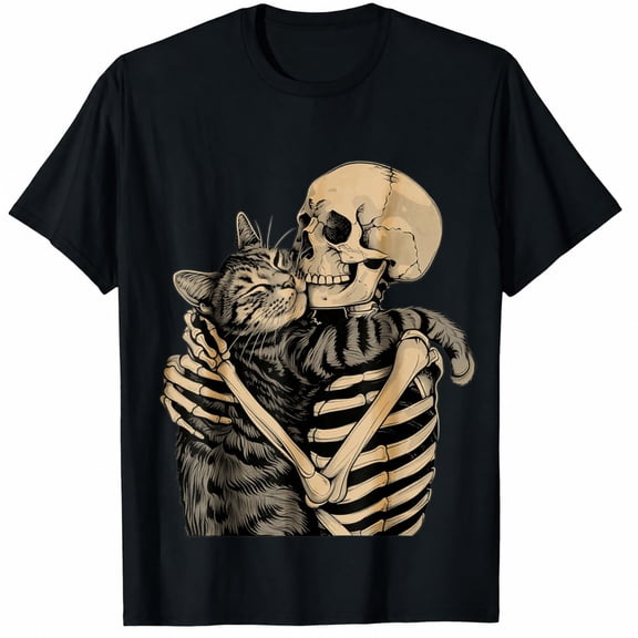 Skeleton Hugging Cat Halloween Cat Lover Cat Mom Dad T-Shirt