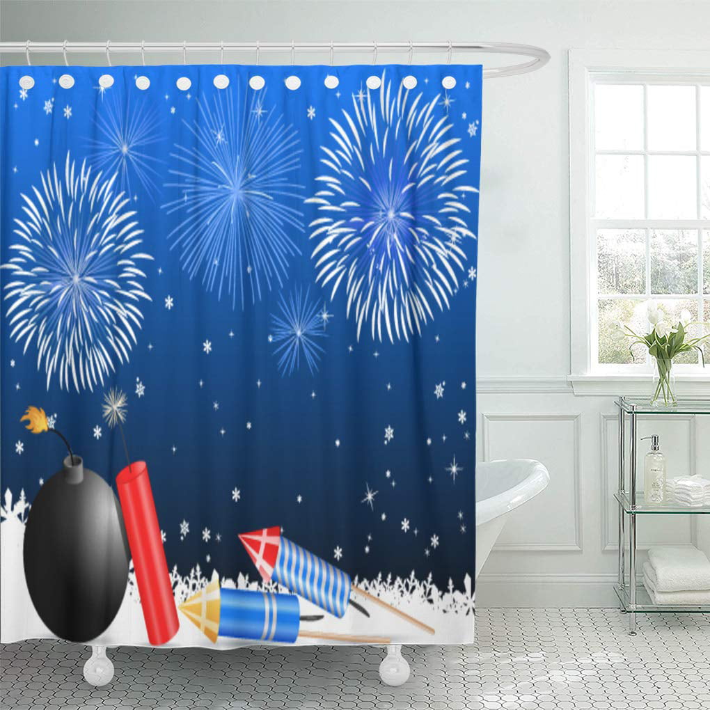 New Year Celebration Champagne Fireworks Fabric Shower Curtain Hook Bathroom Mat 