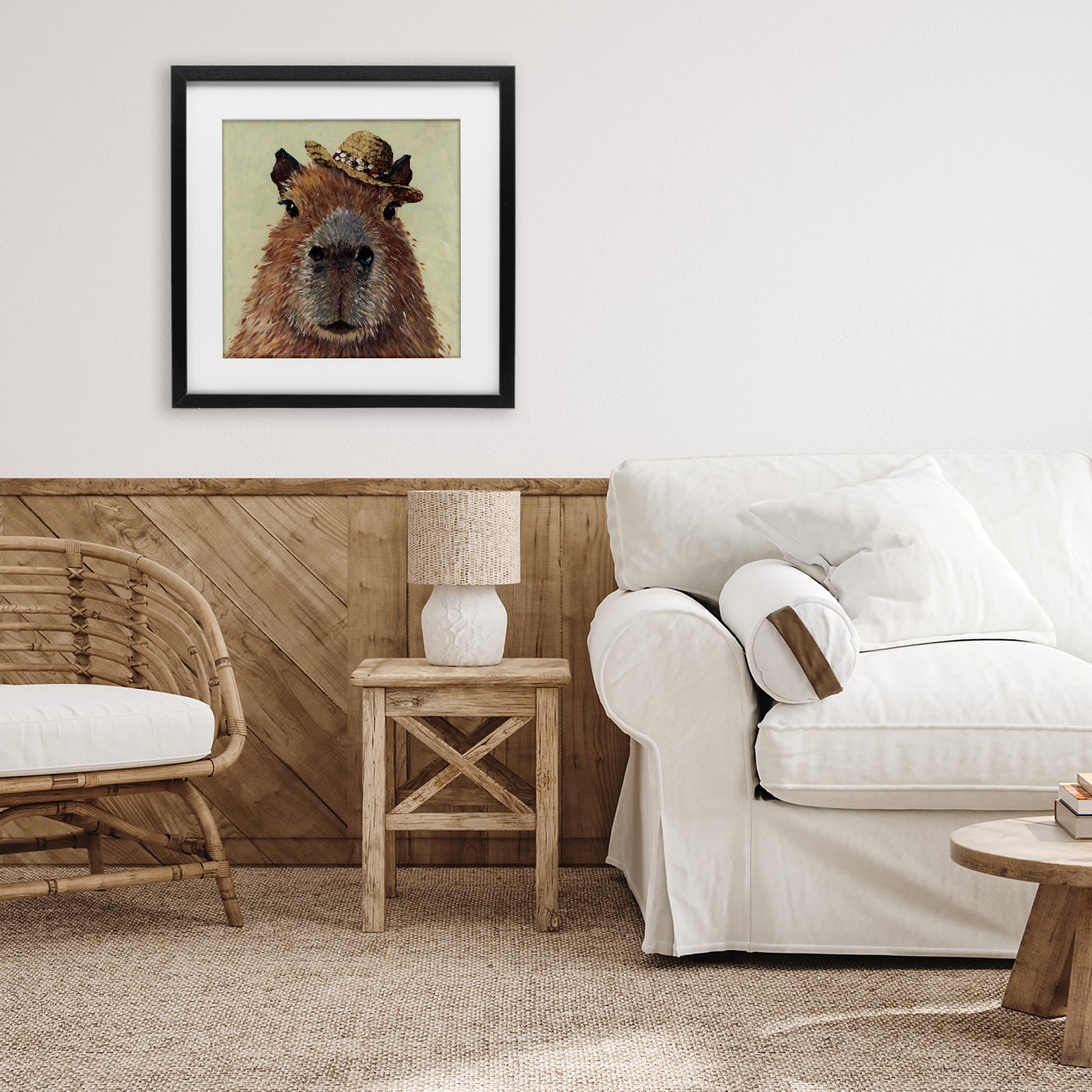 Stupell Industries Capybara with Straw Hat Black Framed Print Under Glass, design by Studio Bautista