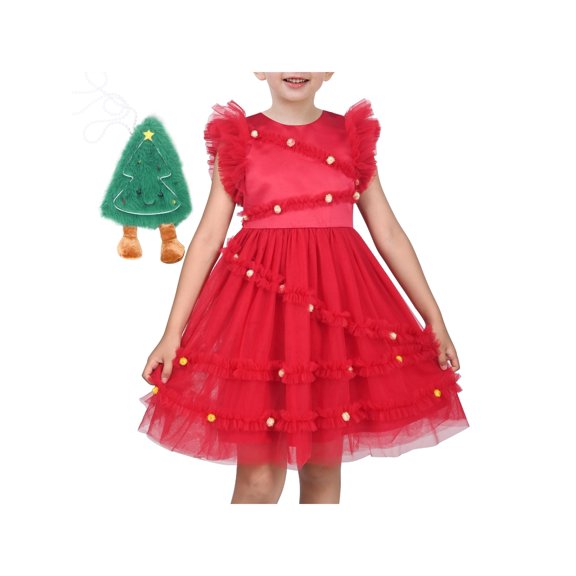 Sunny Fashion Girls Dress 2 Piece Set Bag Red Poms Christmas Tree Tiered Tulle Ruffle Holiday 5 Years