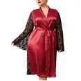 thumbnail image 2 of Womens Soft Pajama Clearance- Bathrobes Sexy Lace Silk Satin Plus Size Robe Sleepwear Wine Size 3XL, 2 of 7