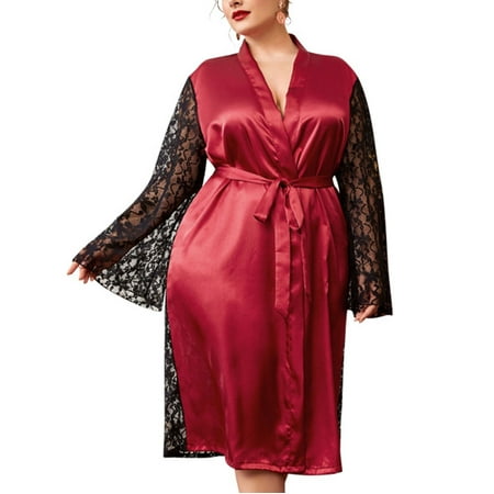 

Women Sexy Silky Robes Bridesmaids Long Satin Bathrobes Back Floral Lace See Through Dressing Gown Nightgown Plus Size