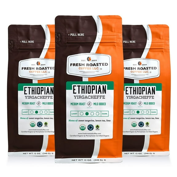 3 pack Fresh Roasted Coffee, Organic Ethiopian Yirgacheffe Coffee, Medium Roast, Ground, 12 oz