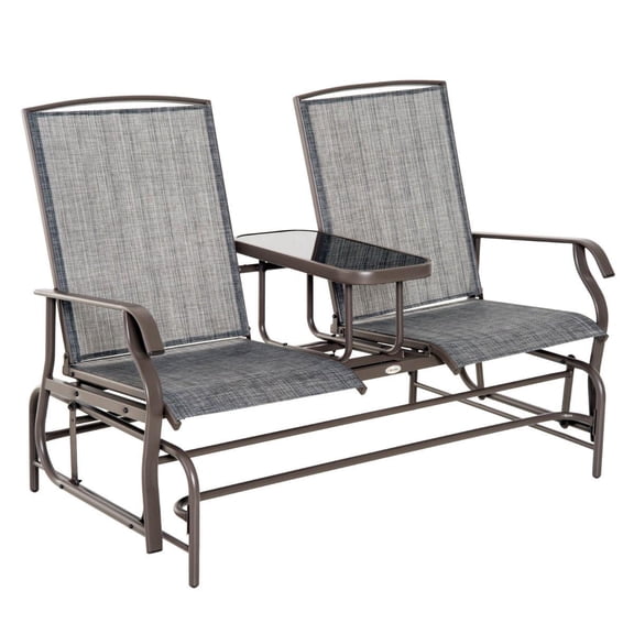 2 Person Outdoor Glider Bench with Center Table Patio Rocking Chair Swing Loveseat Breathable Mesh Backyard Front Porch Brown