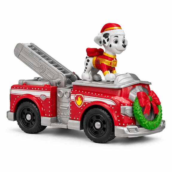PAW Patrol Marshall Holiday Fire Truck Toy with Figure, Christmas Rescue Vehicle, Ages 3 