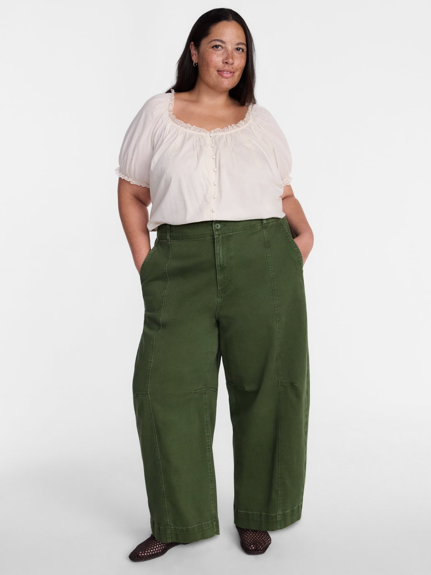 Terra & Sky Women's Plus High Waisted Barrel Pants, Sizes 0X - 5X
