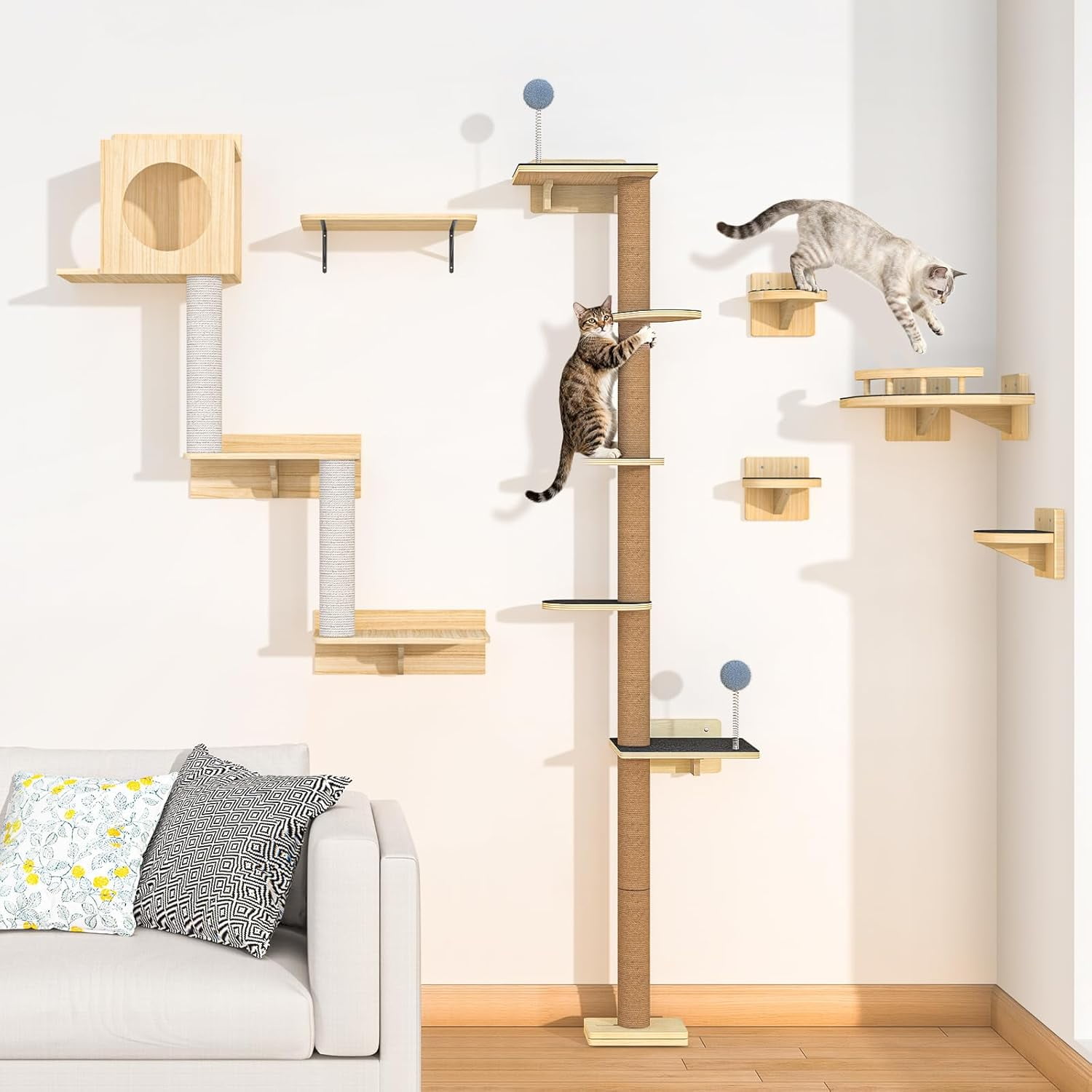 Tall Cat Tree Wall Mounted for Large Cats, 82-inch Corner Scratching Post with Toys, Ceiling-to-Floor Cat Tower and Play Shelf for Sleeping Lounging Perching