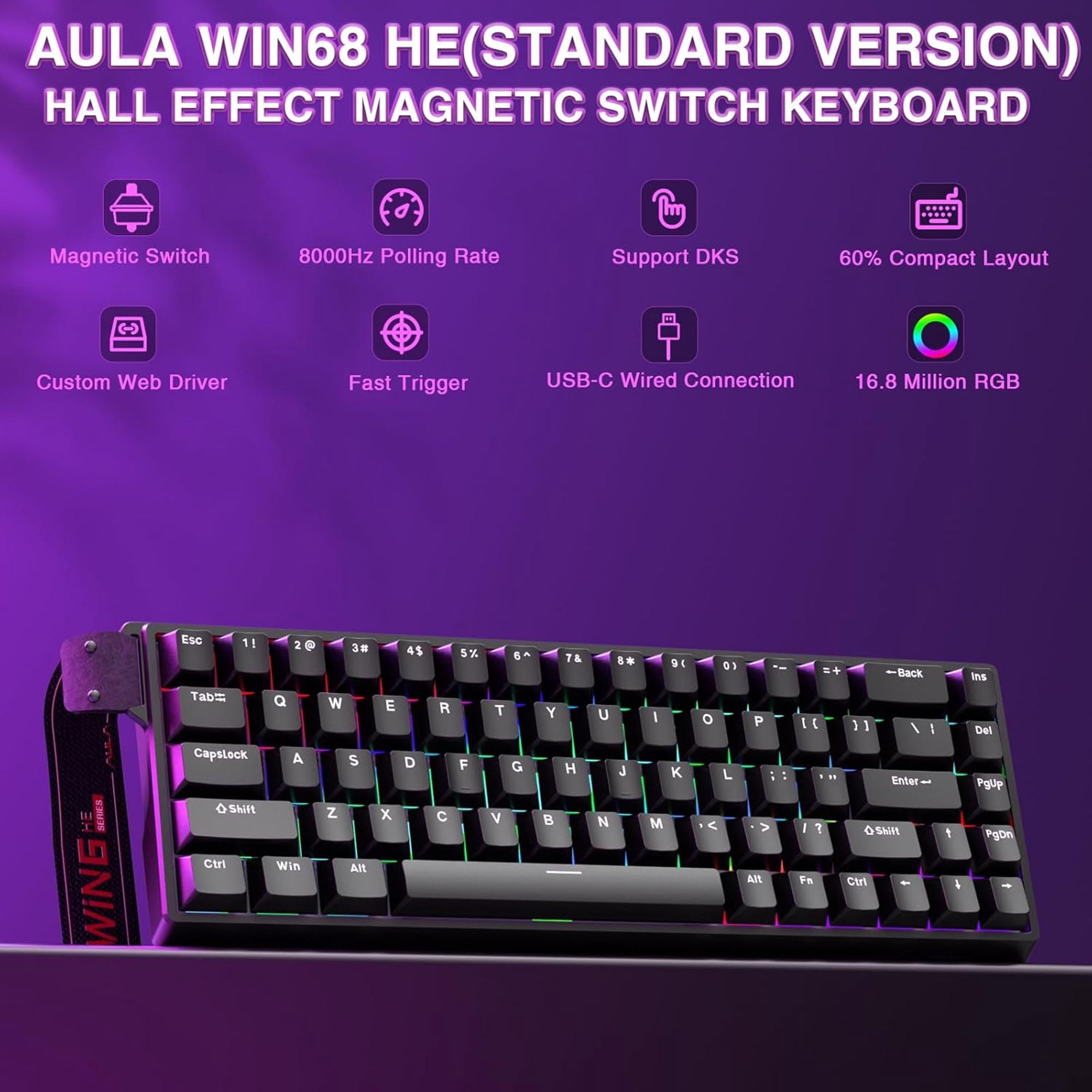 AULA WIN68 HE 68-Key Wired Hall Effect Magnetic Switch Gaming Keyboard, RGB Illuminated, Rapid Trigger, Compact 60%, Anti-Ghosting, USB-A, Black