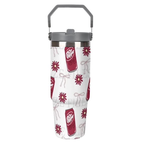 Dr.Pepper 30oz Double-walled Insulated Mug with Handle, Straw, and Leak-proof Stainless Steel Travel Coffee Mug 30oz