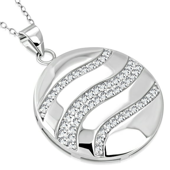 925 Sterling Silver Clear CZ Round Ornament Large Statement Pendant Necklace, 18"