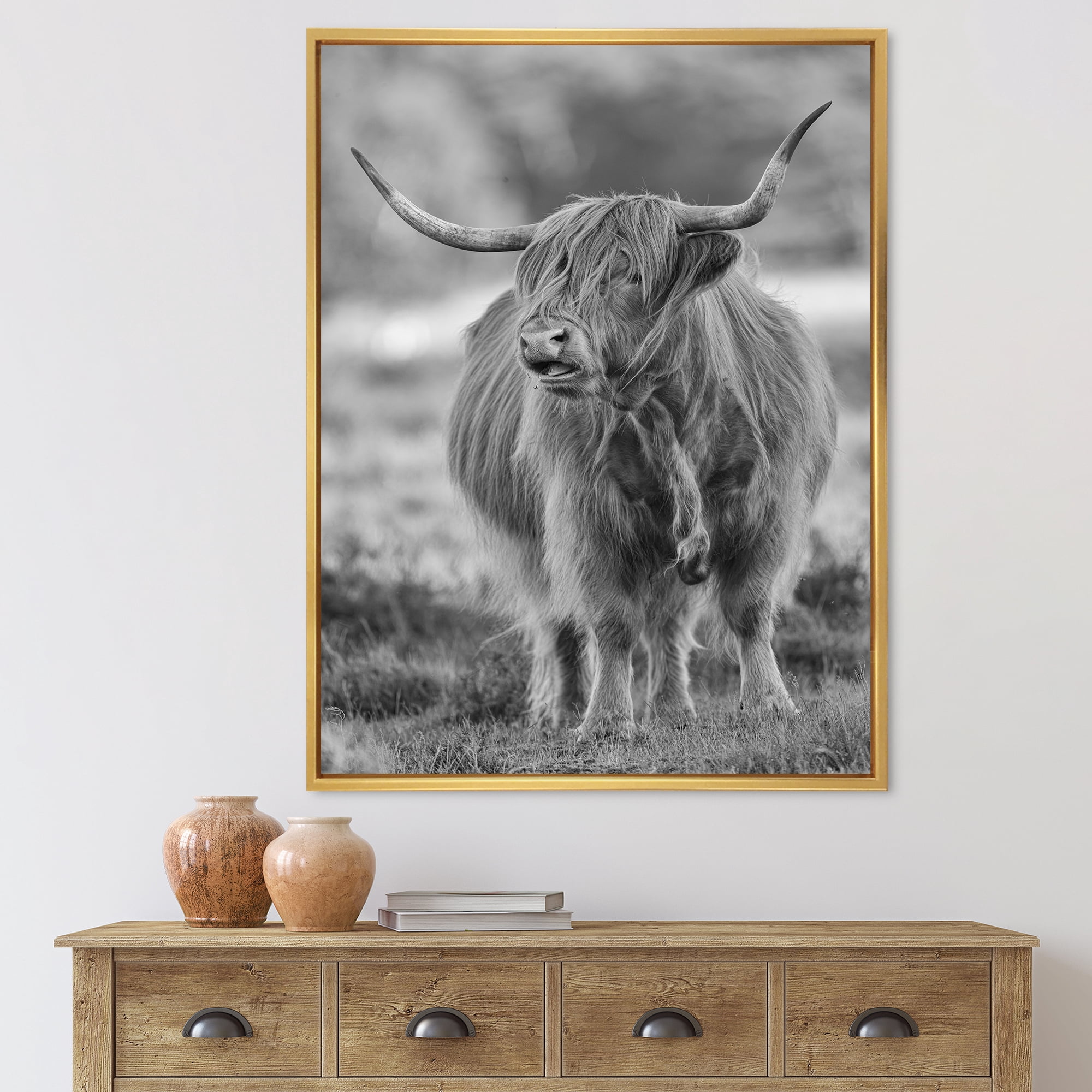 Close Up View of Monochrome Bull 24 in x 32 in Framed Painting Canvas Art Print, by Designart