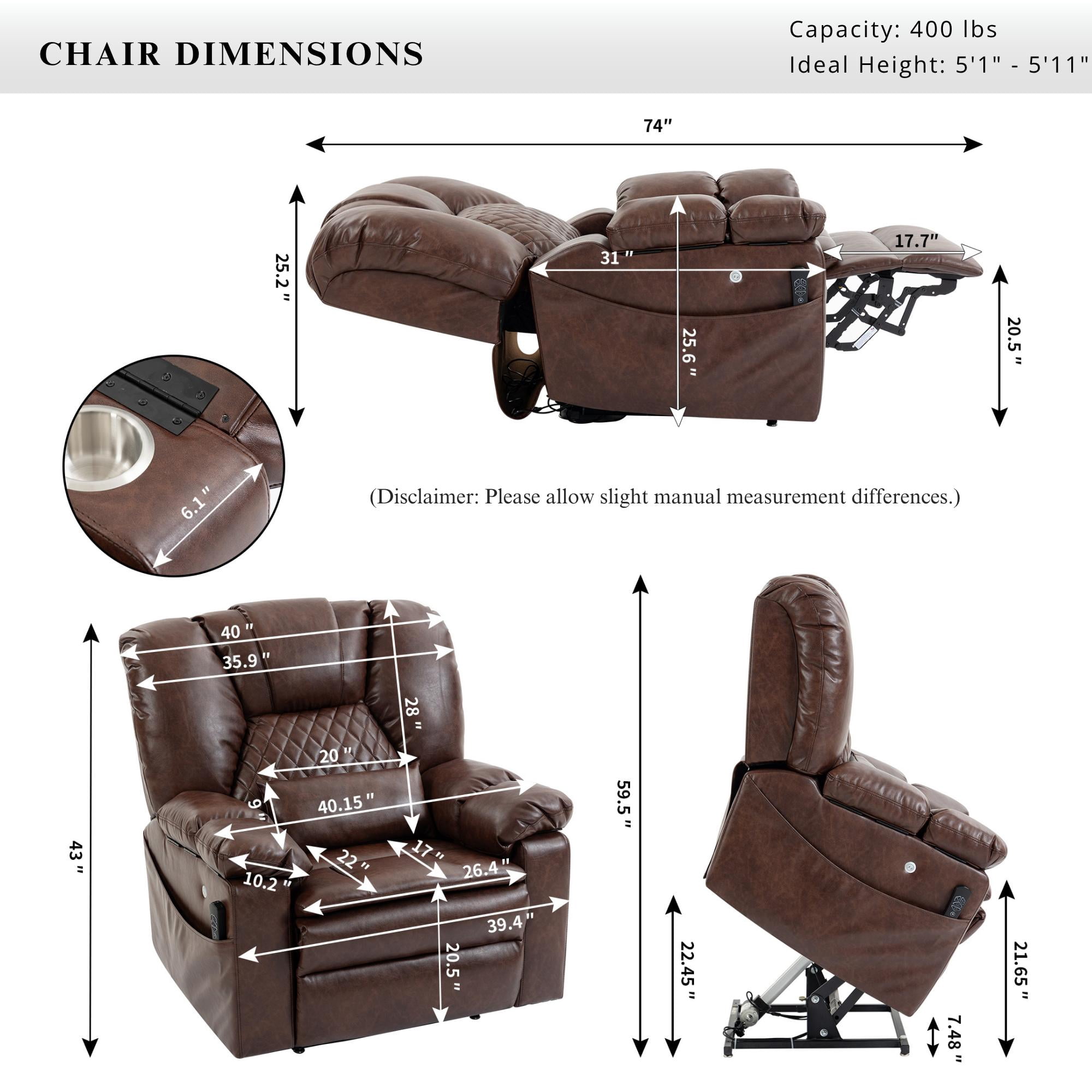 Air Compression Massage Recliner Power Lift Chair for Elderly Adults Big Man Recliners 400 lbs with Heat Arm Storgage Cup Holders Lay Flat Power Recliner with USB Type-C