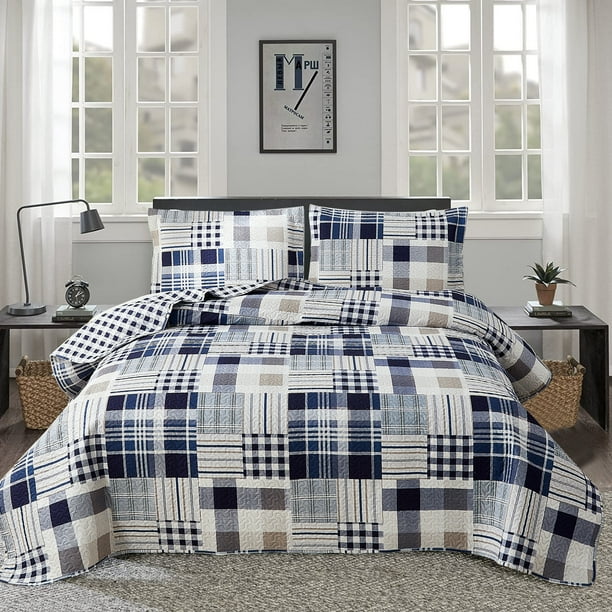ARL HOME Quilt Set Queen Size Plaid Patchwork Microfiber Lightweight