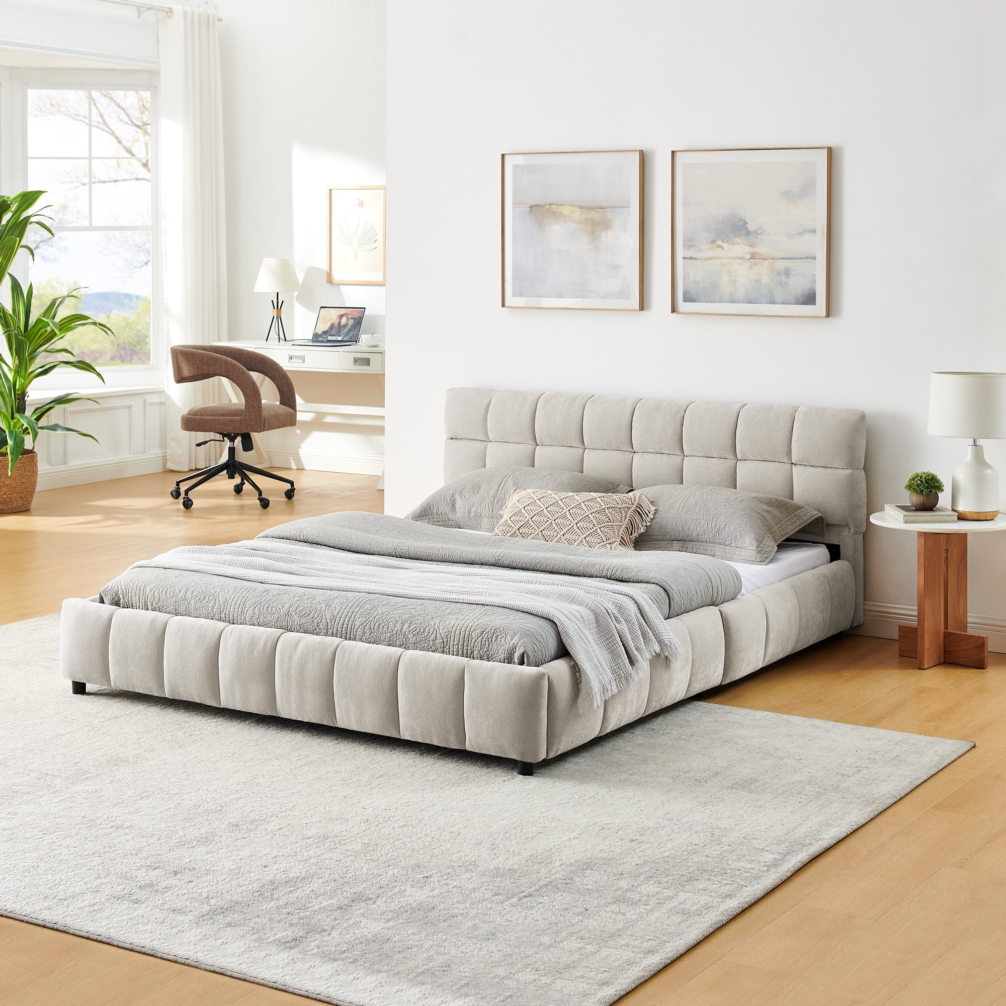 Harper & Bright Designs Queen Size Upholstered Bed Frame with Storage Drawers, Chenille Platform Bed with Headboard and Solid Frame for Bedroom, Beige