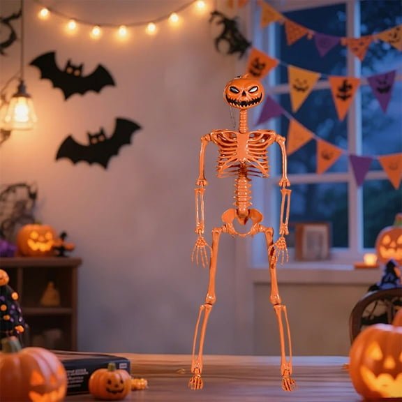 Halloween Skull Decoration, Orange Skull with Pumpkin Head, Halloween Full Body Movable Joint Posable Skull, Suitable for Indoor and Outdoor Halloween Decoration (1pack)