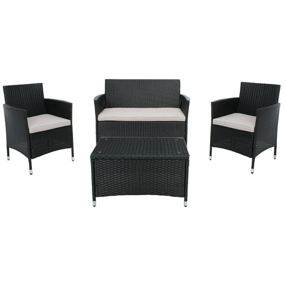 SAFAVIEH Bandele 4-Piece Wicker Outdoor Conversation Set, Black/Light Grey