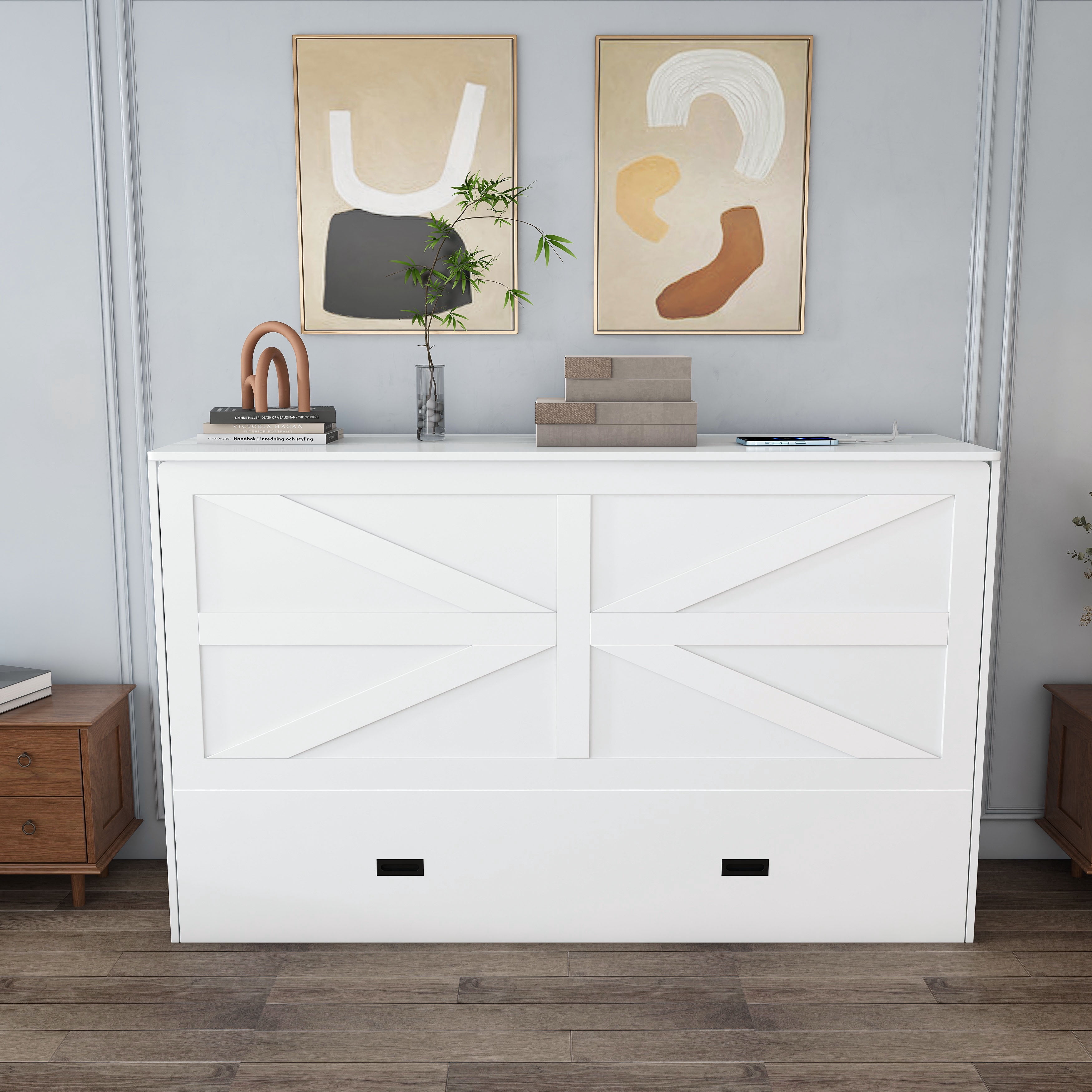 Yoneston Full Size Murphy Bed with Mattress & Charging Station, Cabinet Bed with Storage Drawers for Bedroom Guest Room Living Room, White