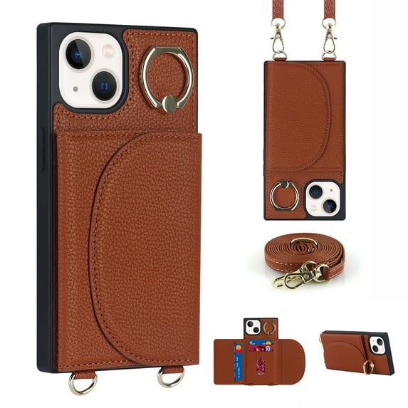 Nalacover Wallet Case for iPhone 14 Pro, Detachable Shoulder Strap Crossbody Lanyard Luxury PU Leather Magnetic Cover with Rotated Ring Kickstand Card Slots Holder Slim Fit Shockproof Case, Brown