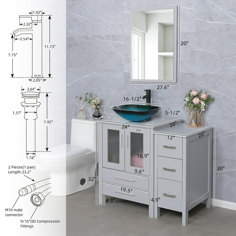 32 Bathroom Vanity Cabinet Combo Organizer Top Vessel Sink W/ Faucet Drain  Hose