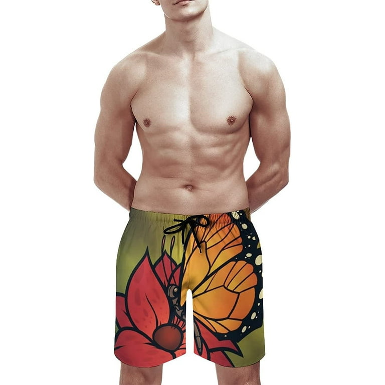 Men's Monarch Butterfly and Flower Swim Trunks Quick Dry Swim Shorts  Bathing Suit Beach Swim Board Shorts with Pockets S-3XL