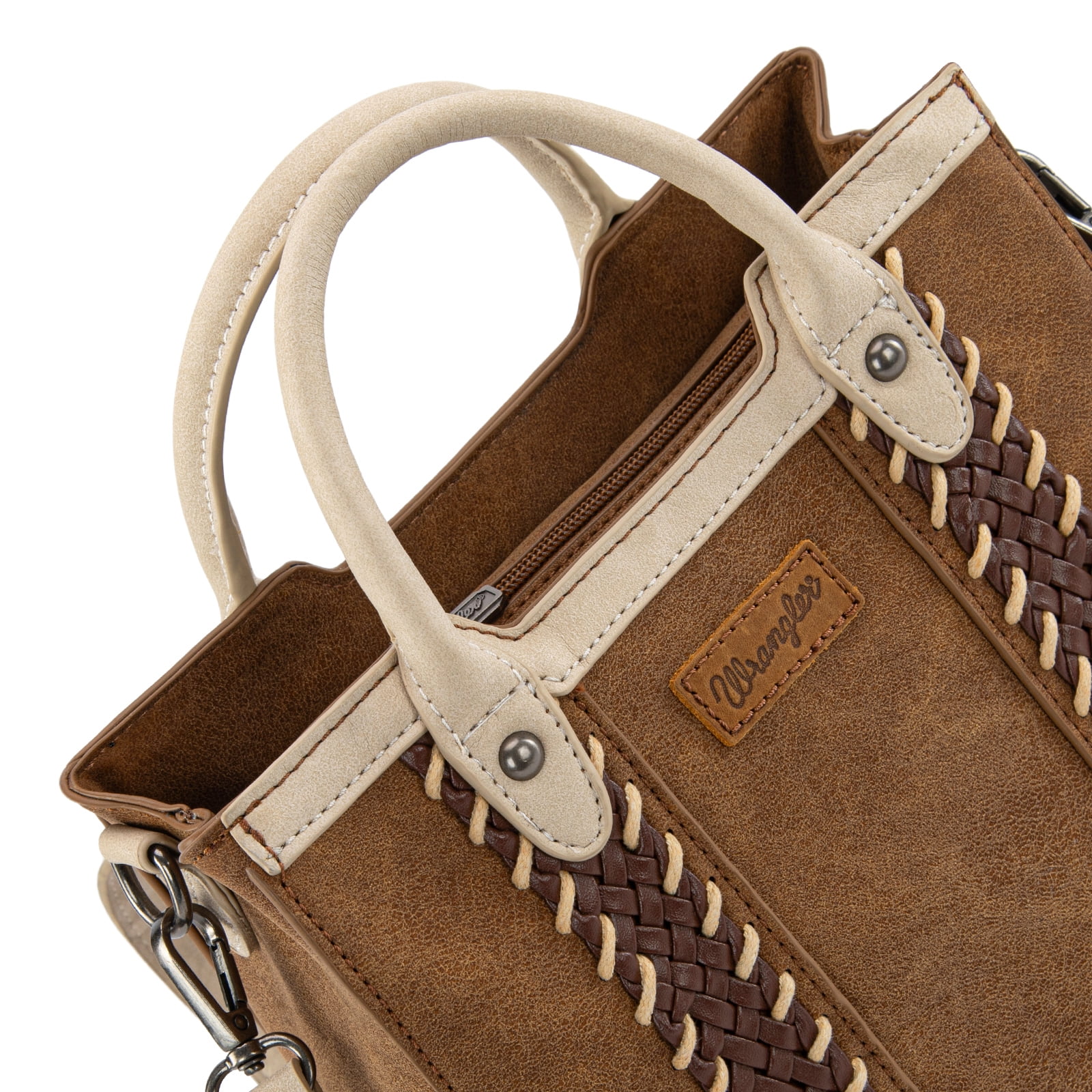 Wrangler Womens Braided Tote Bag Western Style Suede Top Handle Handbag With Detachable Crossbody Strap, Brown