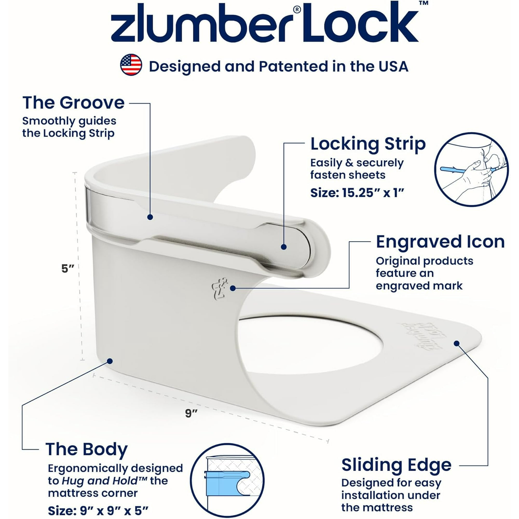 The Original USA Patented Zlumber Lock Sheet Holder - Secure Bed Sheets Firmly in Place, No More Loose Sheets Slumber Lock 4 Corner Frames