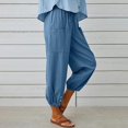 thumbnail image 2 of Women High Waist Linen Capri Pants Drawstring Elastic Waist Loose Cropped Trousers Side Pockets Button Cuff Casual Joggers, 2 of 5