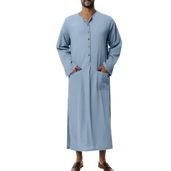 WREESH Mens Solid Muslim Robe Loose Long Sleeve Robe Button Up Side Split Kaftan Thobe With Pockets Long Gown Casual Shirt Sky Blue