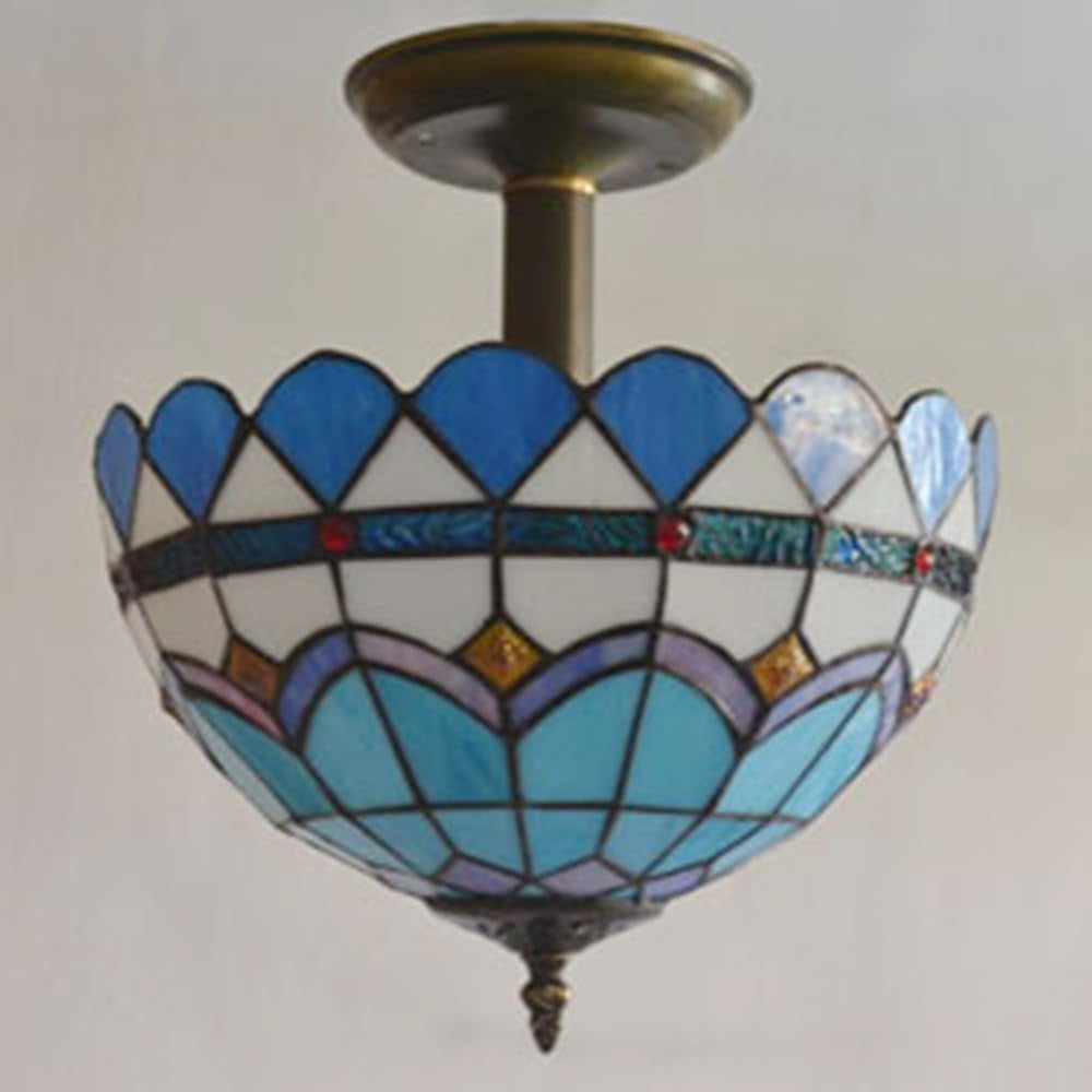 Kiven 11.8in Plug-in Flush Mount Ceiling Light Fixture, 2-Light Anti Glare Close to Ceiling Light with 15FT Cord, Tiffany-Style Glass Chandelier Dimmable for Bedroom Kitchen Hallway(No.3193)