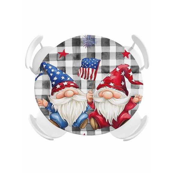 Round Tablecloth Gnomes 4th of July Elastic Edge Fitted Patriotic Red Blue Stars Plastic Table Cover,Waterproof Oil Proof for Dinner,Outdoor, Picnic, 36" - 44" DIA Tables Black White Plaid