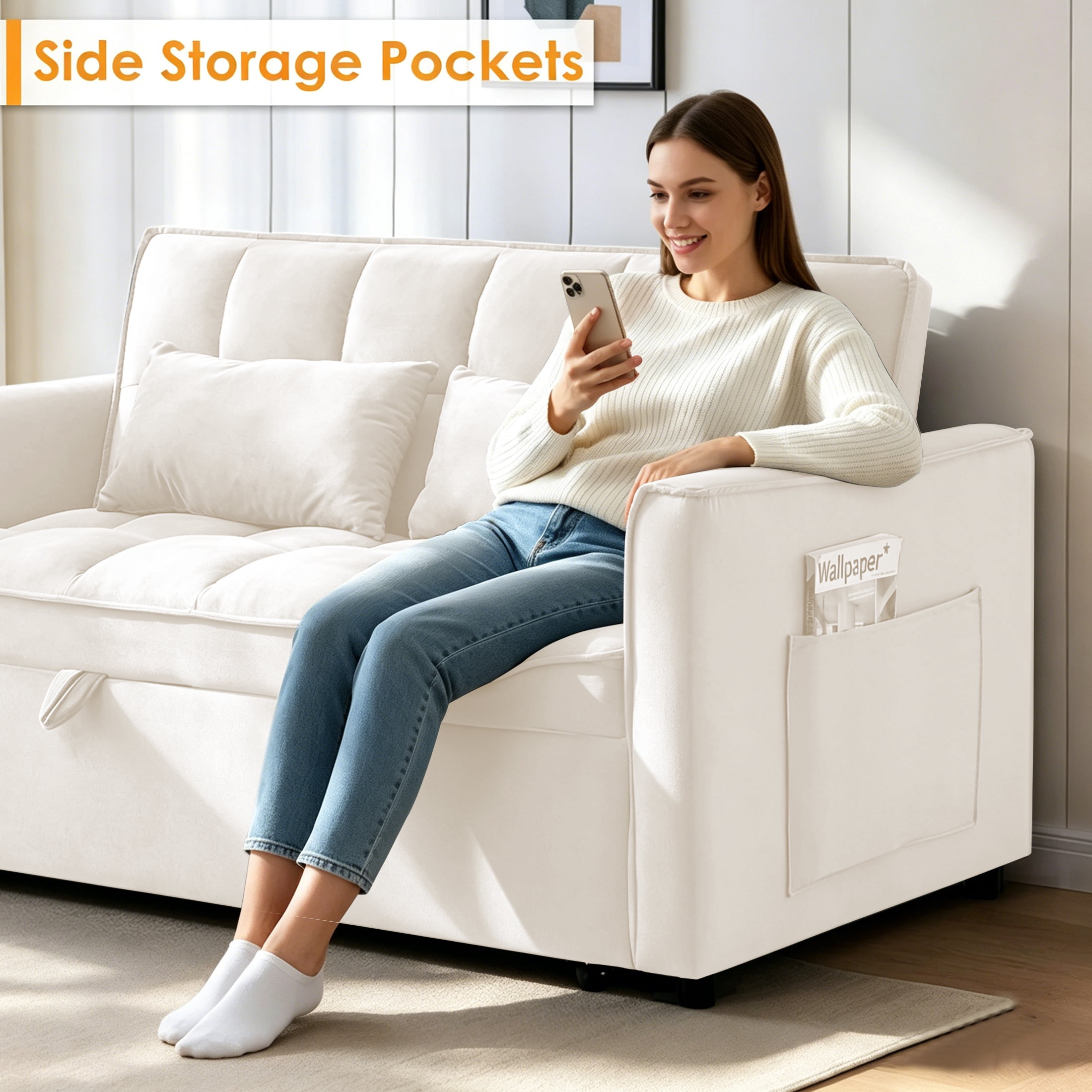 AISWORD Convertible Sofa Bed, 3 in 1 Pull Out Sleeper Loveseat Couch with Storage, Beige