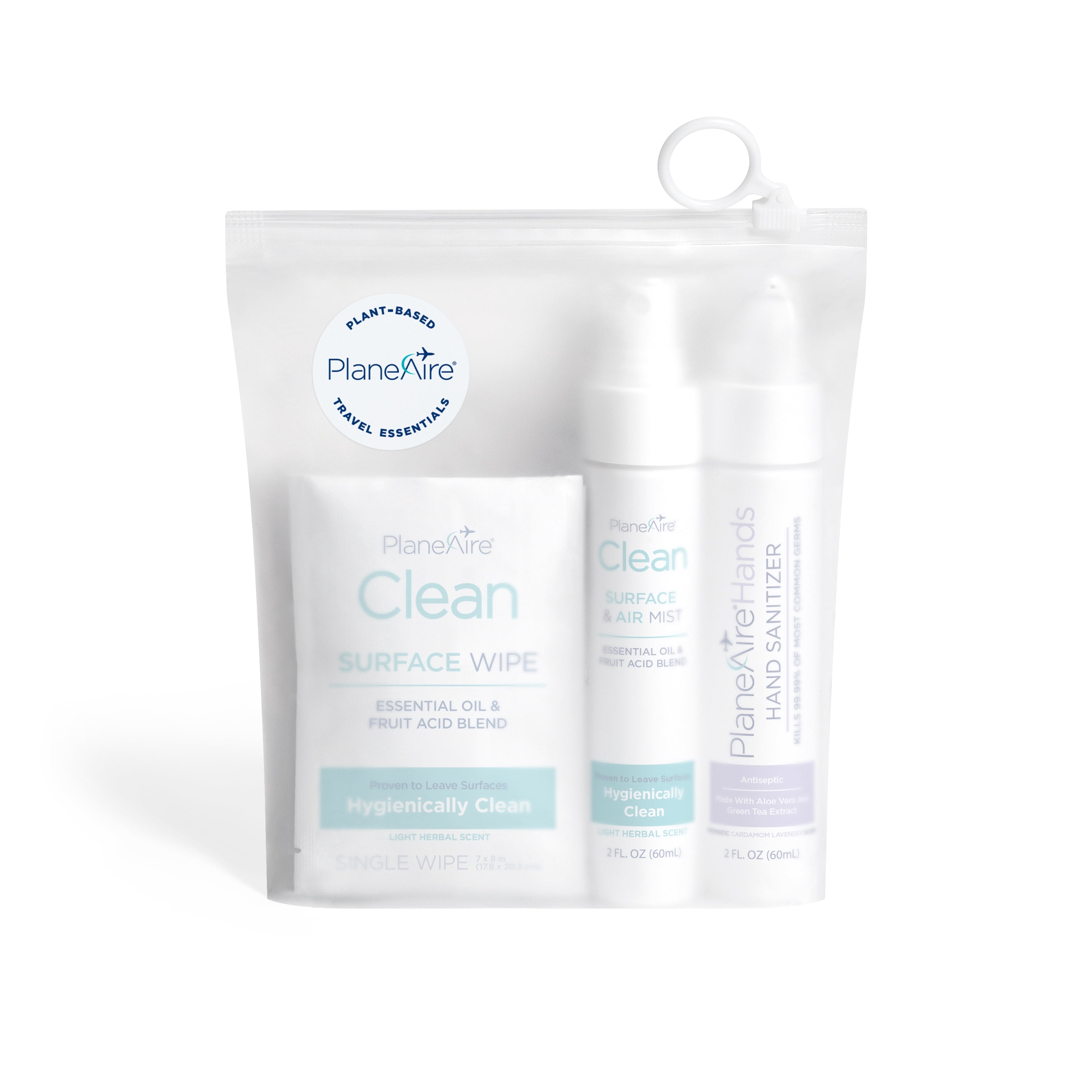 Travel Essentials by PlaneAire: (1) Hand Sanitizer Lotion Cardamom Lavender, (1) Clean Surface & Air Mist, (6) Clean Individually-Wrapped Surface Wipes, Packed in a Reusable Zip-Top Bag