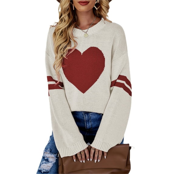 Women Y2k Heart Print Sweater Long Sleeve Crewneck Pullover Lightweight Knitwear Tops Valentine 's Day Clothes