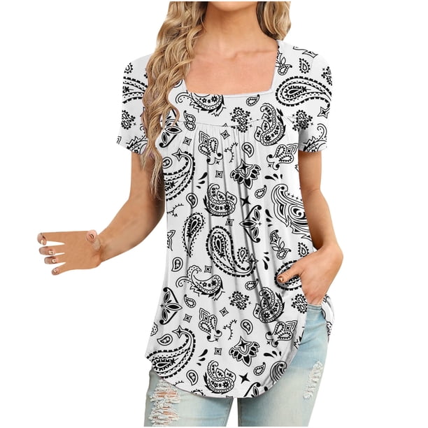 Blusa con estampado de manga corta y cuello cuadrado informal cómoda a la moda para mujer OAVQHLG3B Store lin121212