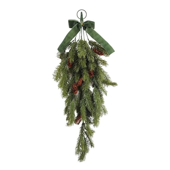 BinKFF 27.5" Christmas Teardrop Swag Rustic Door Swag Teardrop Wreath Artificial Norfolk Pine Hanging Garland Greenery with Bell Velvet Bow for Outdoor Mantle Fireplace