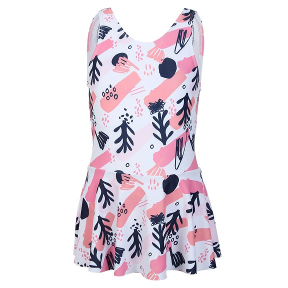 FINALGANG Girls Kids Sleeveless One Piece Swim Dress With Abstract Leaf Print Scoop Neck Built In Brief For Toddlers Summer Beach Days Pool Parties Water Activities Pink 13-14 Years