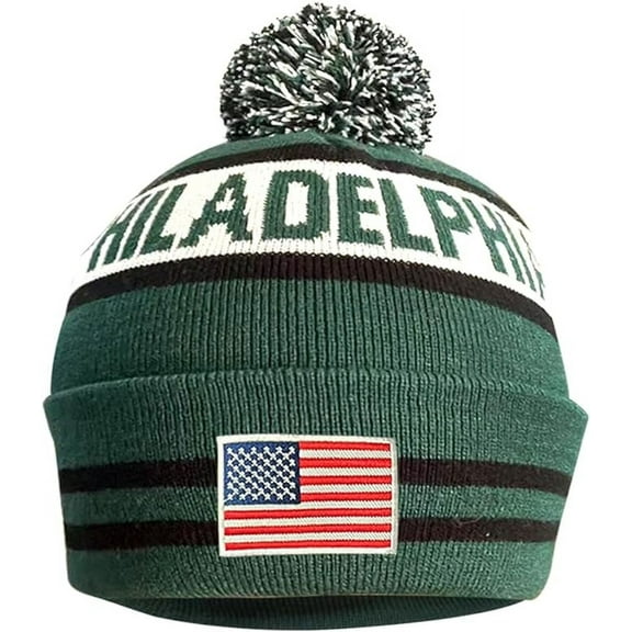 Aihccy US Flag City Football Embroidery Classic Pom Cuff Philadelphia Beanie Hat Cuffed Winter Soft Beanie Knit Pom Hat Cap Green