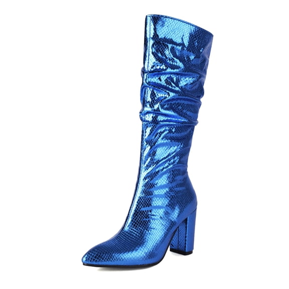 HXWCHs Metallic Women's Mid-Calf Boots for Evening Dress Party Fashion Show Stage Nightclub and Wedding Events 36 Blue