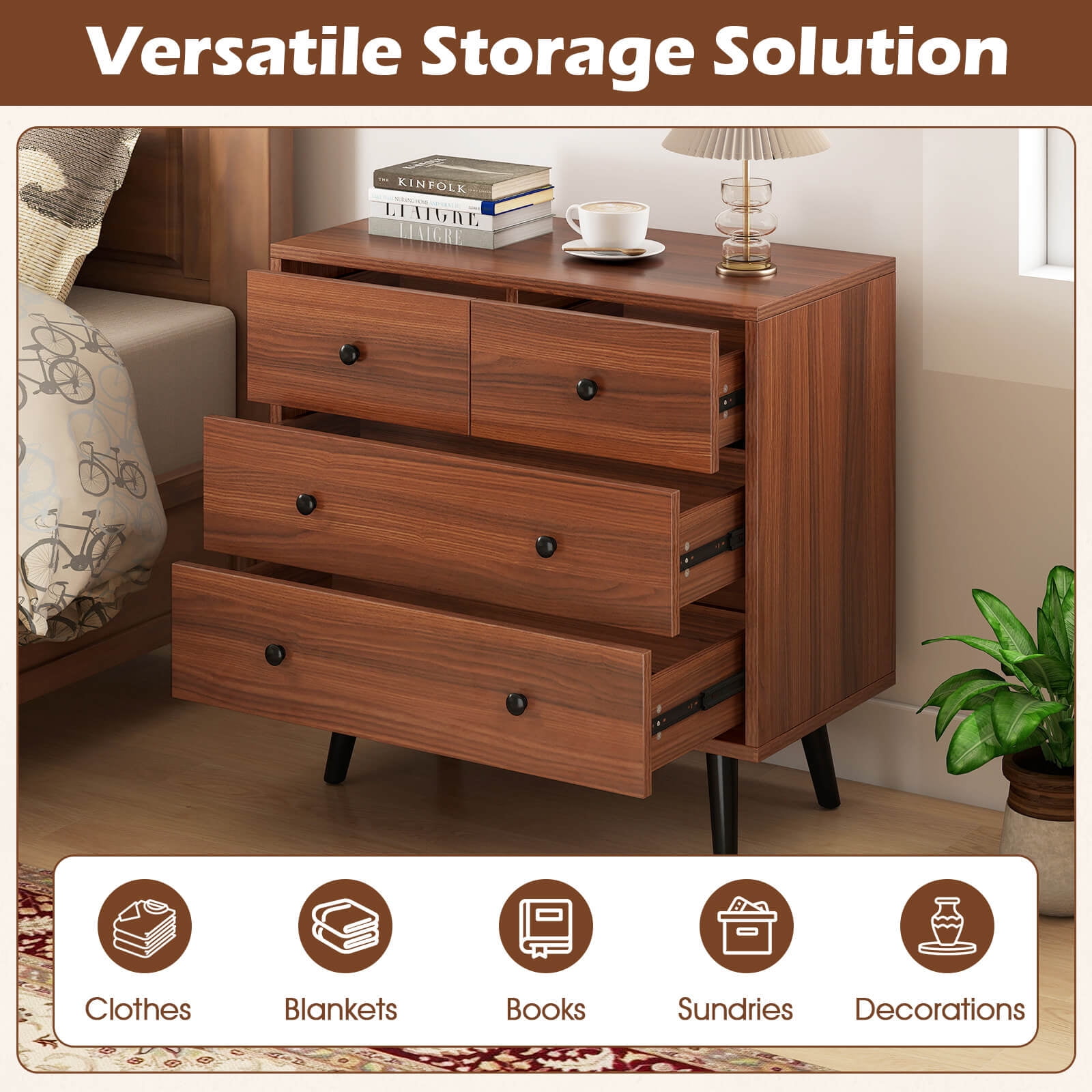 Costway 4 Drawer Dresser for Bedroom Wide Chest of Drawers with Metal Guide Rails Walnut